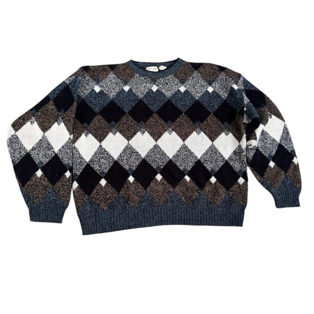 Vtg Windridge Grandpa acrylic Argyle Cozy Chunky Sweater, Brown Blue Cream XXL
